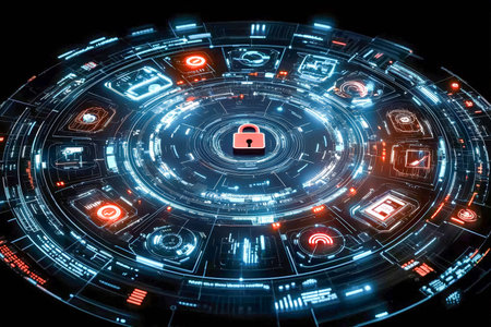A sleek digital illustration depicting a central padlock symbol encircled by web of interconnected...