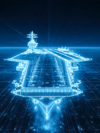A sleek, high-tech visualization of a massive naval vessel illuminated by vibrant neon blue lines, emphasizing its advanced, digitalized design in a minimalist environment.の写真素材