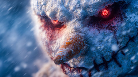 An intimidating, frost-laden beast with piercing crimson eyes and fierce contours emerges through a icy blizzard, evoking fear and awe in its chilling presence.のeditorial素材