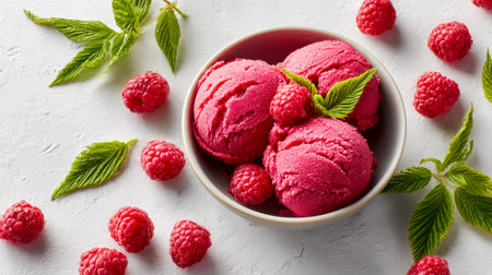 Bright, melt-in-your-mouth raspberry sorbet balls, topped with ripe berries and fresh mint leaves,...