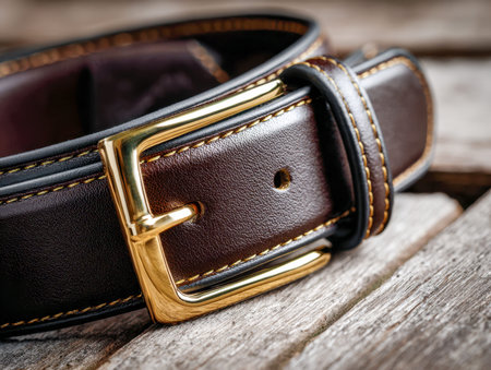 A finely crafted leather accessory featuring precise stitching and a gleaming gold buckle, displayed...