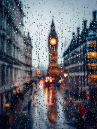 A moody scene of London?s iconic clock tower obscured by mist, with rain streaks blurring the glass,...