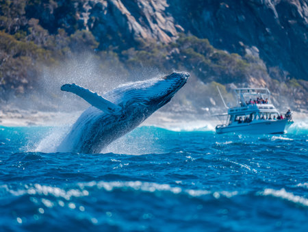 A colossal whale erupts from shimmering sea, towering near a small vessel, with rugged cliffs lining...