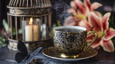 A refined ceramic cup emits fragrant steam, adorned with delicate floral and butterfly motifs, set...