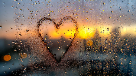 A tender outline of love emerges on a misty glass as a fiery sunset bathes the horizon, blending...