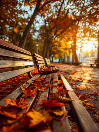 Warm sunlight filters through vibrant foliage, casting gentle shadows on empty benches adorned with...