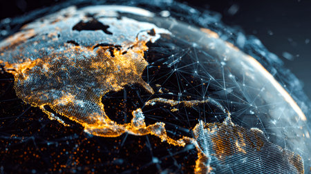 A luminous digital sphere displays interconnected data points across the world, symbolizing...