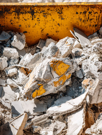 Fragmented concrete pieces and uneven stones clutter the area beside a vivid yellow safety barrier,...
