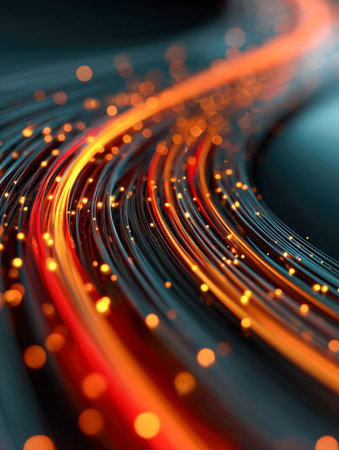 Vibrant swirling lines intertwined with luminous orange and crimson sparks evoke high-velocity...