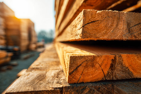 Warm sunlight filters over freshly cut timber, highlighting the textured grains and rough edges of...