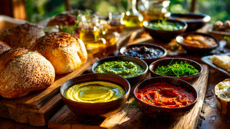 A vibrant spread featuring artisanal cheeses, fragrant herbs, and flavorful condiments arranged on a...