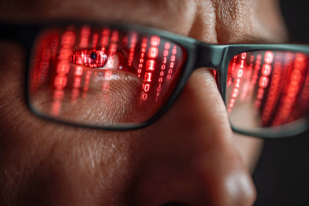 A vivid close-up captures a personâ€™s face framed by glasses, reflecting flowing red binary...