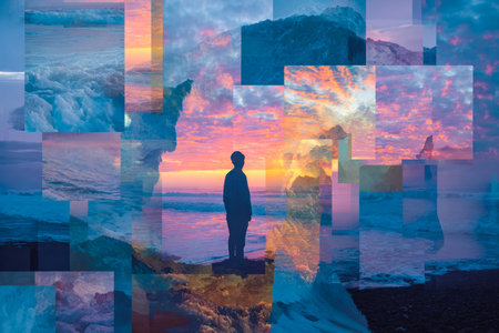 A serene scene captures the warm hues of twilight blending with the ocean's reflection, evoking...