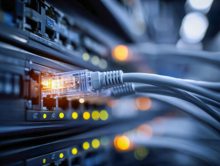 A detailed view of colorful data cables connected to a network switch, illuminated by vibrant status...