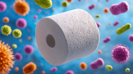 Vibrant microbes drift around a disinfectant fabric, creating a lively microscopic landscape filled...