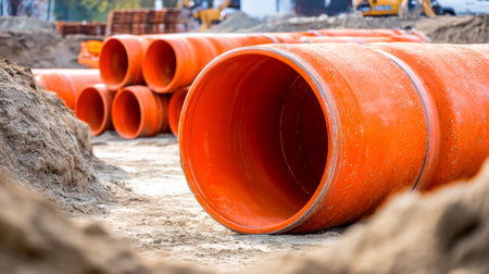 Vibrant orange cylindrical tubes stacked outdoors, set against a rugged construction environment,...
