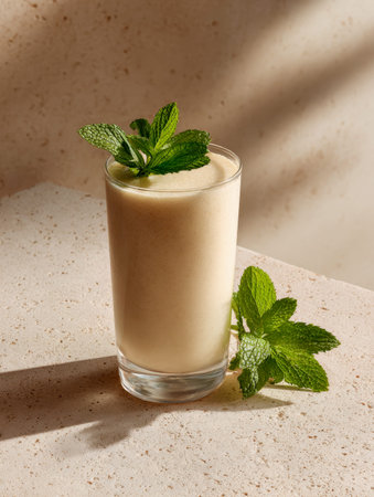 A velvety beige beverage adorned with vibrant mint sprigs, set on a speckled pale surface...