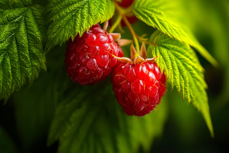 Juicy, ruby-red berries nestled among lush, verdant foliage create an inviting, natural scene...