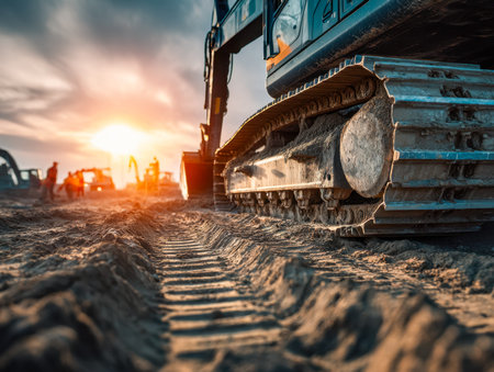 As the day ends, heavy machinery clears and shapes the soil, leaving deep tire marks on the ground...
