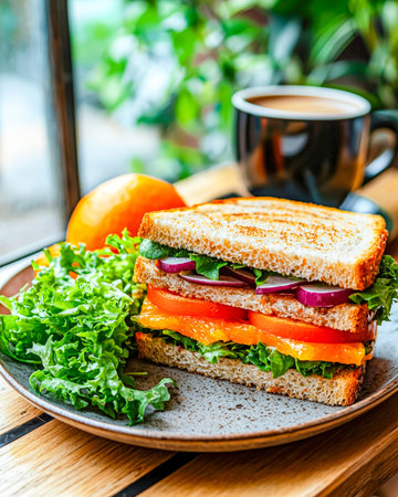 A vibrant, multi-layered sandwich filled with crisp vegetables, served alongside fresh leafy greens and a steaming cup of coffee on a rustic table.の写真素材