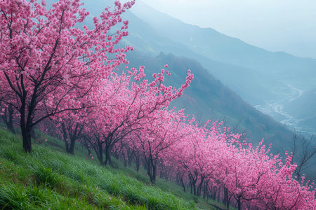 Bright pink flowers blanket a rolling hillside, blending vibrant nature with ethereal mountain mist...