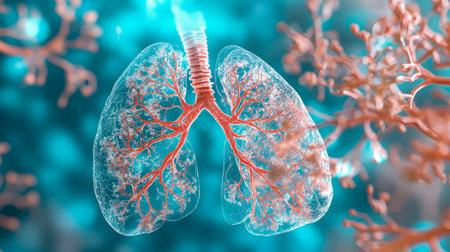A vibrant digital illustration showing the intricate network of bronchial tubes within the human respiratory system, emphasizing their complexity aの写真素材