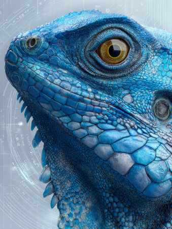 A striking neon-blue reptile features detailed, patterned scales against a futuristic digital...