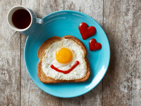 A lively, smiling breakfast centerpiece featuring a sunny fried egg with cheerful eyes and a happy...