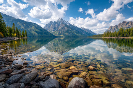 A peaceful alpine scene featuring mirror-like waters capturing jagged mountain summits against a...