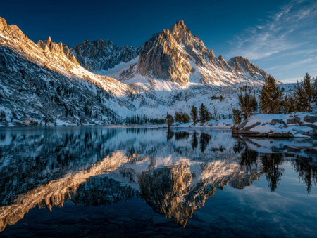 A majestic mountain summit illuminated by warm sunlight stands beside a mirror-like lake, edged with...