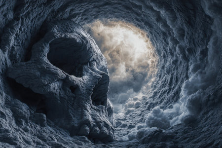 An ominous cavern resembling a skull's silhouette, shrouded in turbulent clouds with a faint glow emerging from its core, evoking mystery and foreboding.のeditorial素材