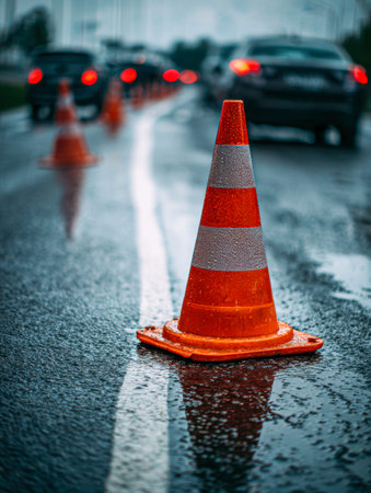 A brightly colored cone drenched in rain rests on a slick asphalt, its vivid shade standing out...