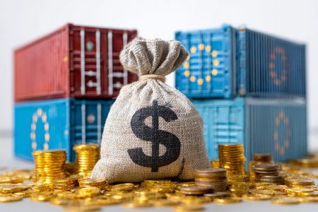 A wealth bundle rests amid shimmering coins, set against towering freight stacks that represent...
