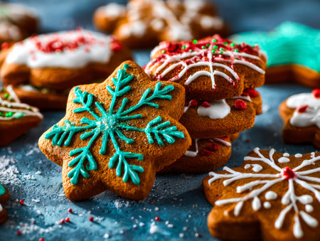 Vibrant holiday treats featuring intricately decorated cookies with bright icing and playful...