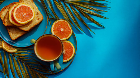 Toast topped with sliced grapefruit and drizzled honey, accompanied by a steaming cup of tea, set...