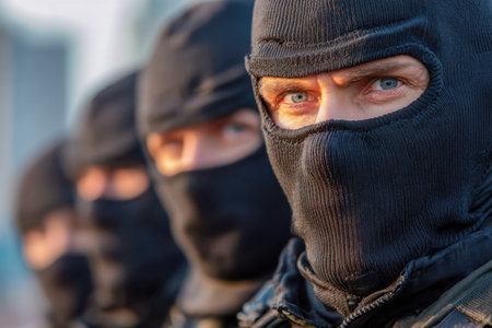 A line of stern individuals donning dark knit masks and piercing blue eyes, positioned outdoors,...