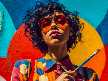 A trendy woman sports a vivid ensemble and statement glasses, posing confidently before a lively mural that amplifies her eclectic style.のeditorial素材