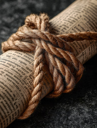 An aged newspaper tightly coiled and fastened with rugged jute twine rests on a rough, dark-textured...