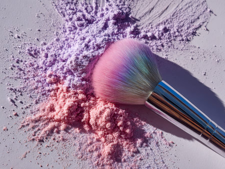 A delicate pastel-hued brush gently lays on a mosaic of pink and lavender powders, illuminated by...