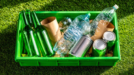 Bright aluminum and plastic drink bottles sit orderly in a lush green bin, highlighting eco-friendly habits and sustainable waste management practices.の写真素材