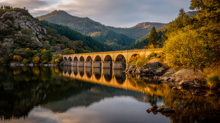 A picturesque stone bridge spans a tranquil river, framed by vibrant fall foliage and majestic green...