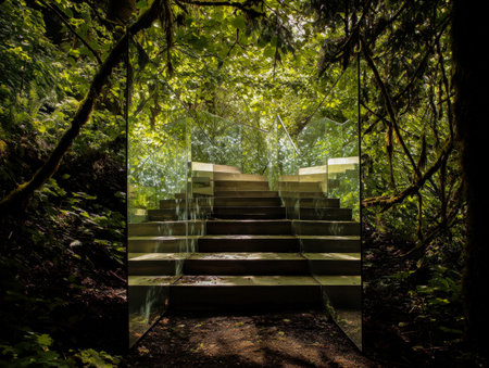 Sleek glass steps seamlessly weave into verdant foliage, creating a harmonious fusion of...