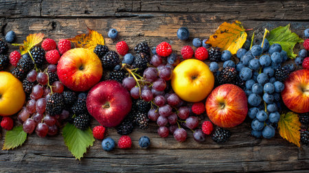 A vibrant display of ripe berries and crisp apples arranged on aged wooden planks, evoking cozy...