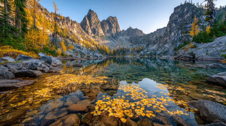 Bright golden leaves drift gently over pristine mountain waters, framed by jagged rocky summits and fiery fall colors beneath a vivid blue sky.の写真素材