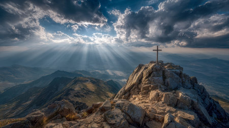 A solitary cross crowns a rugged peak, illuminated by golden rays piercing turbulent clouds,...