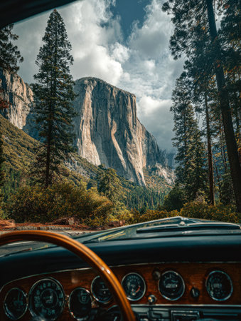 A nostalgic glimpse through the car's window reveals towering peaks and vibrant greenery, evoking adventure and serenity in a timeless forest setting.の写真素材