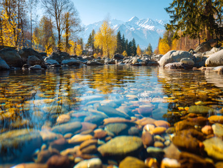A peaceful waterway winds through a forest bursting with fall colors, leading towards majestic peaks dusted with snow under a serene sky.の写真素材