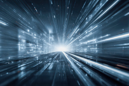 A sleek, luminous corridor with dynamic streaks of light and blurred motion effects, symbolizing...