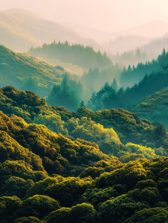 Soft morning light baths rolling mountain ridges covered in vibrant greenery, creating a calming...