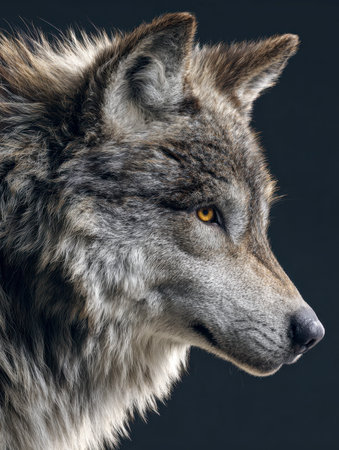A commanding gray wolf's side profile reveals piercing amber eyes and intricately textured fur, set...